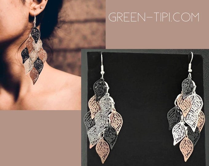 Boho earrings tricolor*long hanging earrings*light hanging earrings*dangling leaf earrings*tricolor hippie earrings*large colored earrings