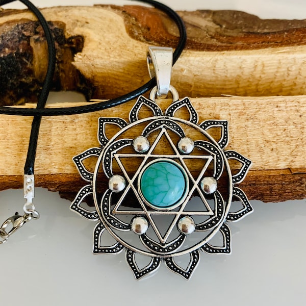 Lotusblüte Kette/Chakra Kette/silber türkis Mandala Halskette groß/große Blüte Blumen Kette blau grün/Statementkette/Geschenke Yoga Yogis