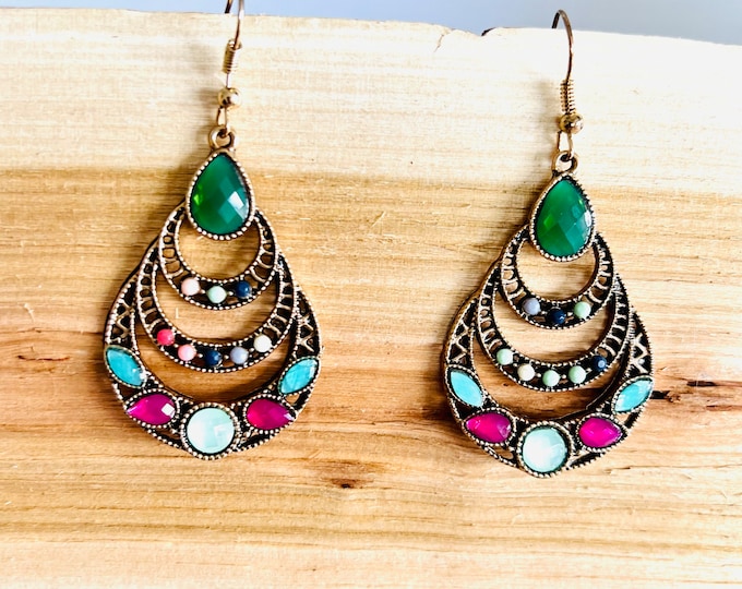 Boho earrings colorful gold hanging boho vintage, large colorful earrings, festive earrings with zirconia stone, gift jewelry enthusiasts