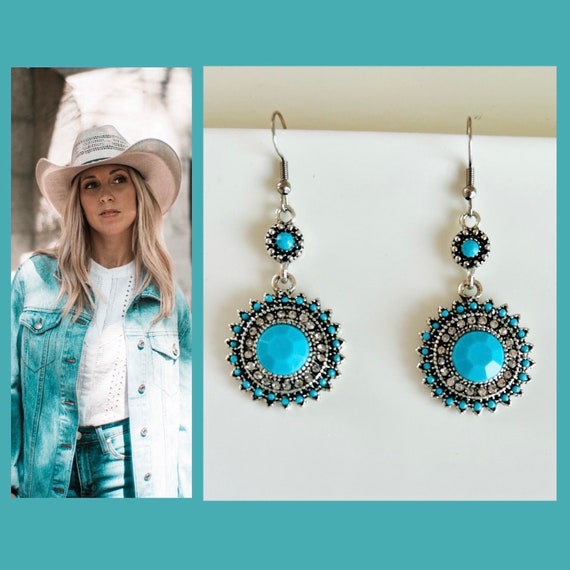 Circle round turquoise silver blue statement earrings/mandala earrings/boho hippie hanging earrings/ethnic earrings hanging/Canada gift women