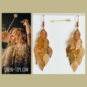 Gold hanging earrings/Long hanging earrings light/golden statement earrings/leaf/feather/wedding bridal earrings hanging/festival boho hippie