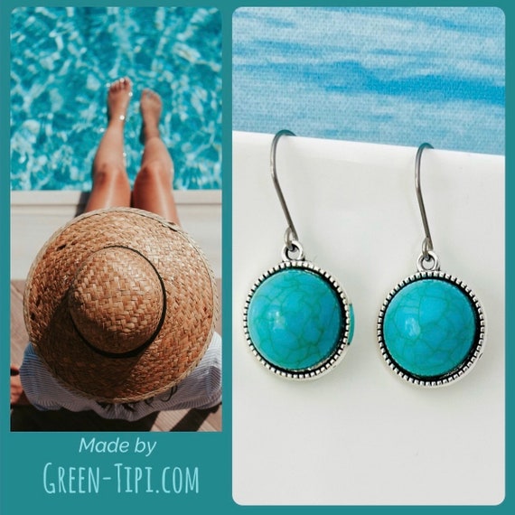 Small round turquoise silver earrings hanging/cute blue hanging earrings light/Boho/Hippie/Indian jewelry/circle earrings/ethnic silver jewelry