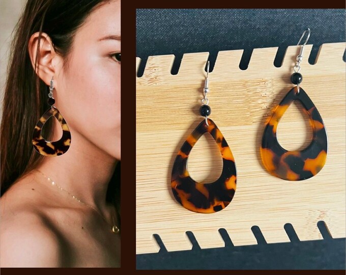 Tiger eye earrings*Tiger eye jewelry*Gemstone earrings*Acetate earrings long*Resin earrings Leo print*Statement earrings gemstones