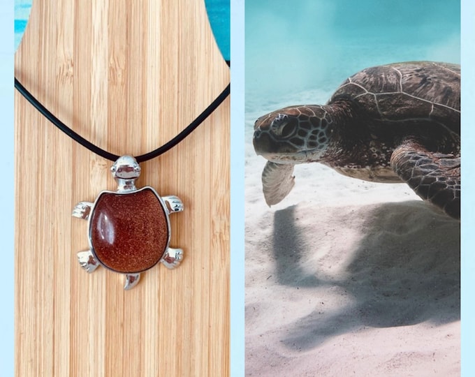 Large turtle necklace with pendant silver red brown, gemstone necklace goldstone, gemstone necklace turtles, sea turtle, gift