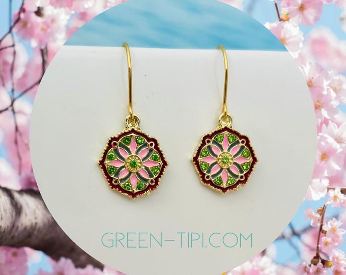 Mandala earrings colorful*Small and round earrings*Enamel red earrings*Boho pink earrings*Boho round earrings*Colorful zirconia earrings*Pink earring