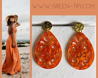 Acetate earrings long orange*Orange earrings hanging*Resin ornament earrings*Baroque earrings light*Statement earrings drops*Resin jewelry