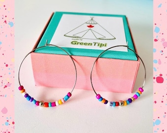 Hoop earrings colorful silver*Hoop earrings colorful pearls*Hoop earrings silver with pearls*Hoop earrings colorful Boho*Hoop earrings colorful glass stones*Hoop earrings colorful Boho small