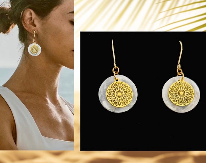 Mother of pearl earrings hanging*Mother of pearl earrings silver*Mandala earrings gold*Shell earrings*Flower of life earrings*Spiritual gift