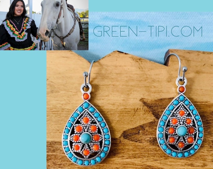 Hanging earrings turquoise orange*Ethnic earrings turquoise silver*Boho jewelry*Turquoise earrings*Turquoise earrings silver hanging*Turquoise earrings Boho