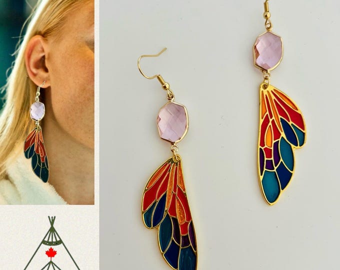Fairy wing earrings*Fairy wing earrings purple pink*Butterfly wing earrings gold*Butterfly earrings long*Wing earrings filigree