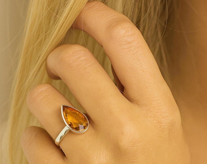 Citrine ring silver, gemstone ring orange yellow faceted, crystal statement ring, gemstone ring citrine*solitaire ring teardrop shape*ring with stone