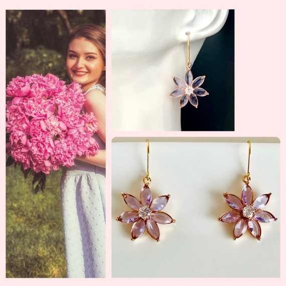 Flower blossom dangling earrings rose gold rose gold lilac pink crystal earrings hanging/eye-catching glitter floral earrings for wedding