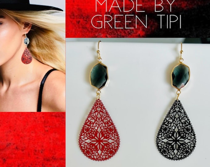 Black stone earrings*Red large earrings*Black statement earrings*Long light earrings*Crystal earrings black*Boho earrings red