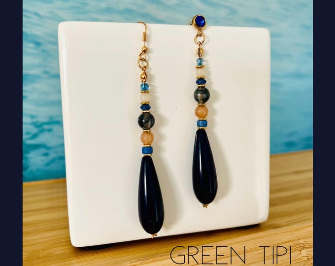 Earrings blue Boho*Long earrings gold blue*Earrings hanging with pearls*Blue hanging earrings colorful*Colorful Boho earrings*Earrings dark blue