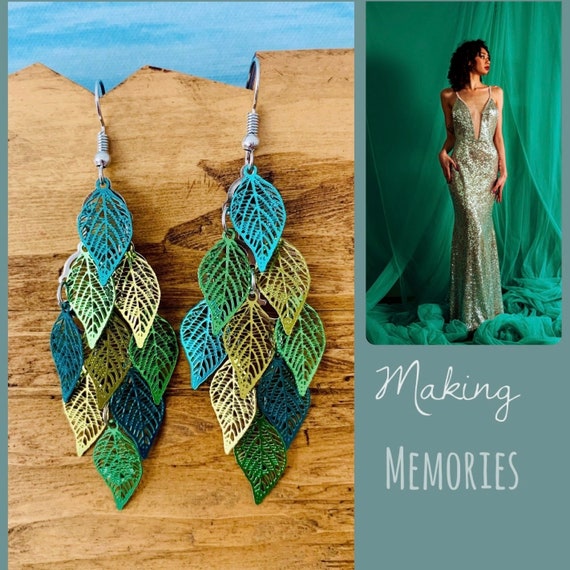 Large hanging earrings emerald green/green statement earrings silver/leaf/feather/festival boho Indian earrings light/glamor party women