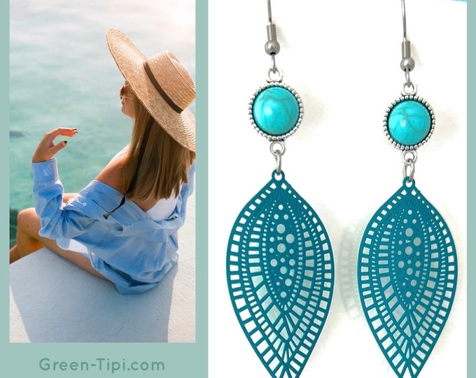 Turquoise earrings silver hanging*Turquoise earrings drop*Turquoise earrings dangle*Turquoise earrings boho*Turquoise earrings stainless steel*Turquoise earrings long