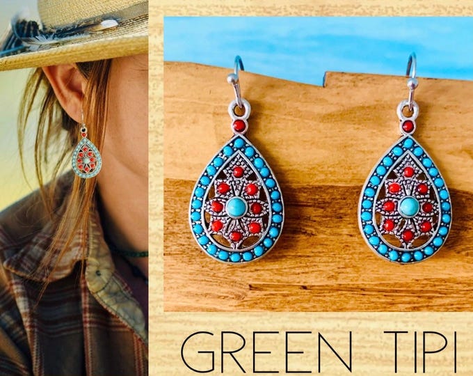 Ethnic earrings turquoise silver*Boho earrings with stone*Drop earrings*Indian jewelry*Leaf earrings*Turquoise earrings with red