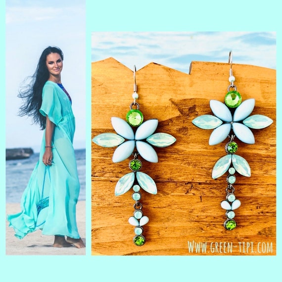 Long hanging earrings turquoise blue green crystal green blue flowers flower blossom leaf lotus blossom statement earrings hanging/wedding