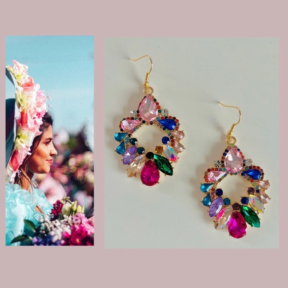 Long colorful crystal hanging earrings gold pink/large statement earrings leaf/eye-catching earrings hanging/wedding/party/earrings colorful
