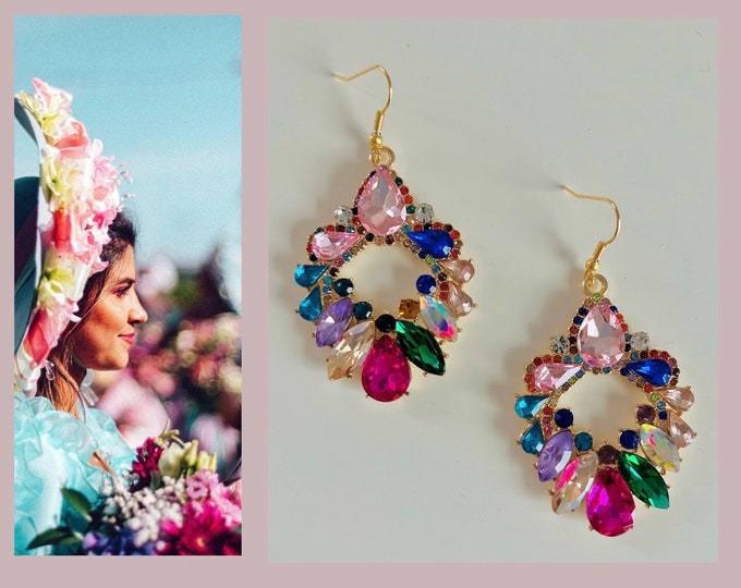 Earrings glass beads colorful, earrings glass flowers, long colorful crystal hanging earrings gold pink, large statement earrings leaf, glitter earrings