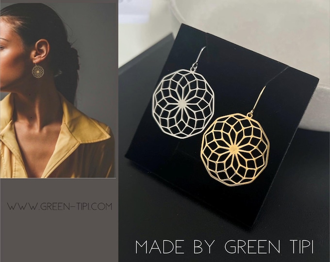 Mandala earrings silver gold*Golden earrings hanging flower blossom*Flower of life hanging earrings*Lotus earrings geometric*spiritual gift
