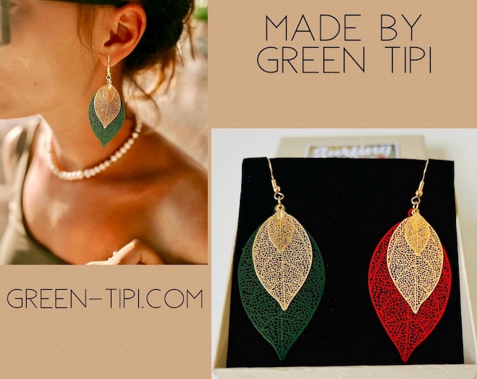 Leaf earrings gold *Leaf earrings hanging *Dangle earrings leaves gold *Earrings leaves green*Golden Boho earrings*Leaf earrings gold