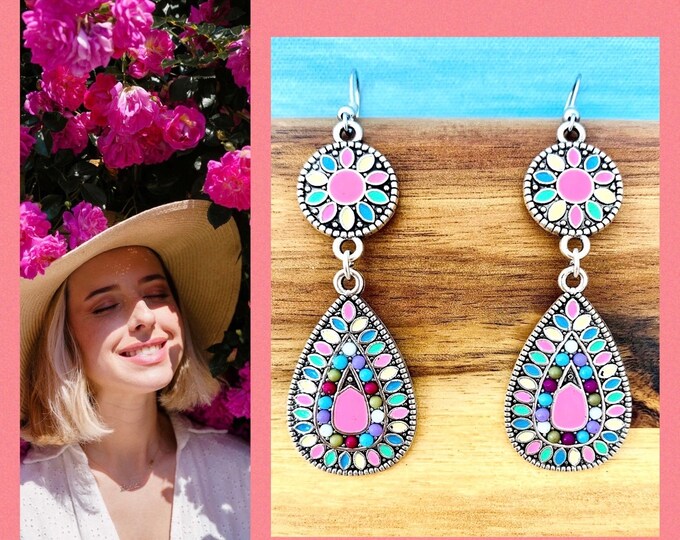 Long colorful statement earrings, boho hippie dangling earrings colorful, ethnic earrings long pink, long drop earrings drop-shaped dangling, gift