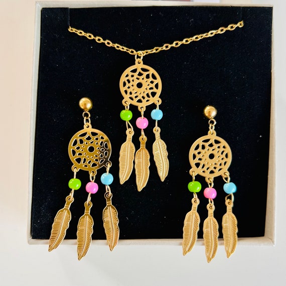 Colorful Boho Earrings Chain Dreamcatcher Jewelry Set/Indian Earrings Hanging Gold Colorful/Statement Jewelry/Hippie/Festival Golden Hanging Earrings