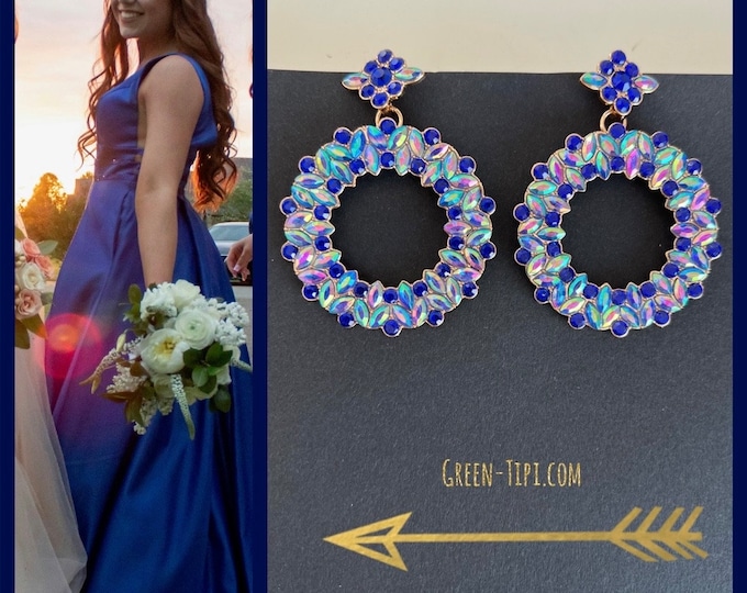 Earrings Boho blue flowers bride, blue crystal statement earrings glitter large round gold hanging, large long hanging earrings flower bridesmaid