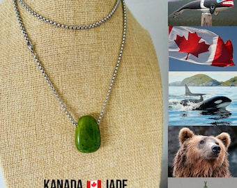 Jade necklace silver*Canada Jade*Jade gemstone pendant*Nephrite necklace*Polar Jade green necklace*Jade jewelry Canada*Tumbled stone drilled Jade