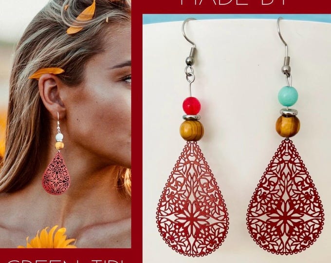 Red large earrings*Red earrings stone*Gemstone earrings hanging*Gemstone earrings colorful*Mandala earrings pearls red*Boho earrings red