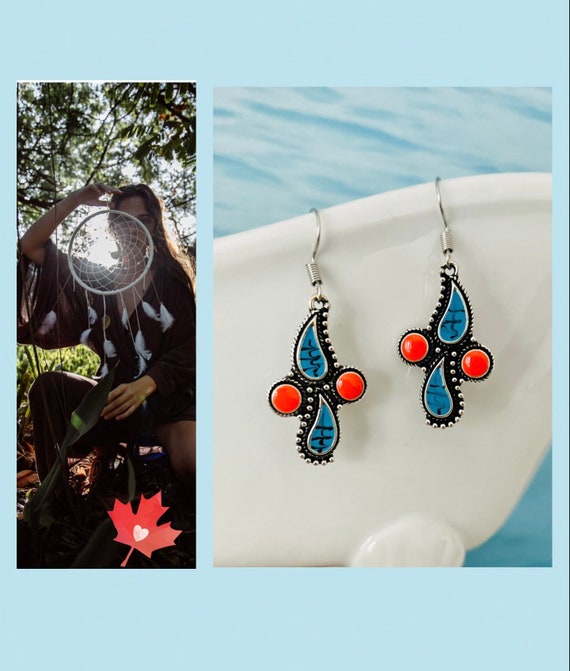 Ethno earrings turquoise silver blue red/Boho/Hippie/Indian jewelry/hanging earrings floral/tear drop shape hanging/Canada gift woman