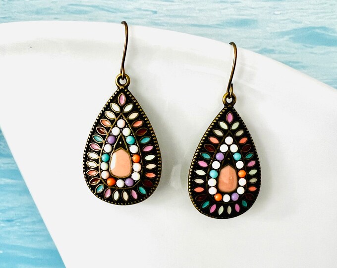 Colorful earrings Boho Hippie*Statement earrings Boho colorful*Earrings colored colorful*Boho earrings with pearls*Earrings drop shape dangling