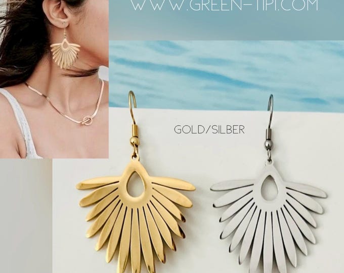 Sun earrings gold stainless steel*Sun earrings silver*Fan earrings gold*Fan earrings fan shape*Fan earrings silver*Sun earrings gold