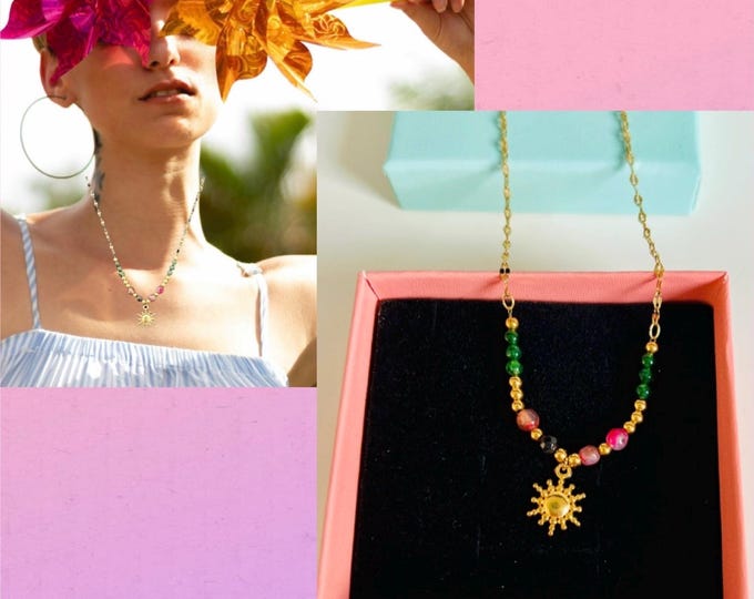 Sun necklace gold*Colorful Boho necklace short*Boho necklace sun pendant*Sunshine necklace*Chain sun gold stainless steel*Sun necklace gold