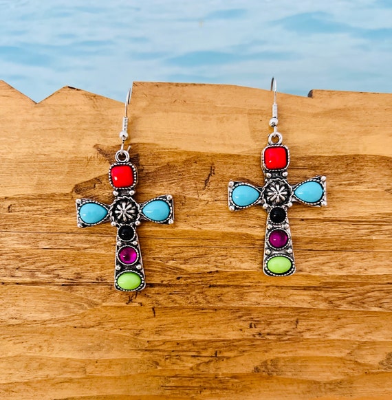 Colorful cross earrings/cross earrings silver turquoise green blue red/long statement pearl earrings hanging/man woman/boho/hippie hanging earrings