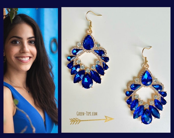 Glass crystal earrings blue*Dark blue earrings with zirconia*Blue long crystal earrings hanging*Large blue statement earrings drop shape