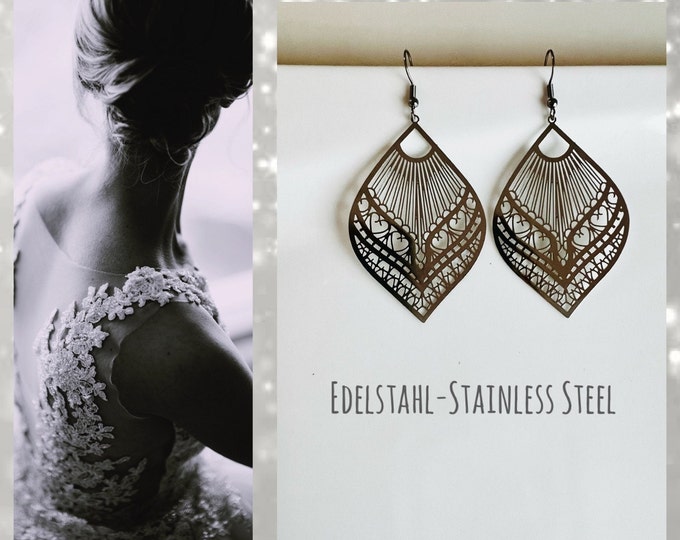 Ornament earrings silver*Ornament earrings golden*Wedding earrings silver long*Leaf earrings gold hanging*Statement earrings silver