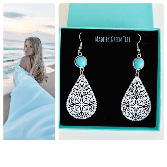 Light earrings/long hanging earrings silver turquoise green white blue/drop statement earrings/leaf festival boho white earrings hanging women