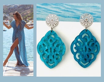 Resin earrings ornament blue*Turquoise earrings silver*Turquoise earrings hanging*Acetate earrings blue*Turquoise earrings Boho*Hanging earrings turquoise
