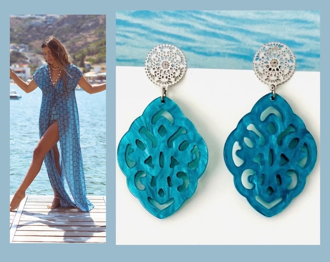 Resin earrings ornament blue*Turquoise earrings silver*Turquoise earrings hanging*Acetate earrings blue*Turquoise earrings Boho*Hanging earrings turquoise