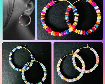 Hoop earrings colorful Boho*Hoop earrings with colorful stones*large light hoop earrings*colorful statement earrings glass beads*Hoop earrings colorful beads*Hoop earrings blue gold