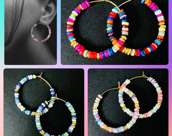 Hoop earrings colorful Boho*Hoop earrings with colorful stones*large light hoop earrings*colorful statement earrings glass beads*Hoop earrings colorful beads*Hoop earrings blue gold