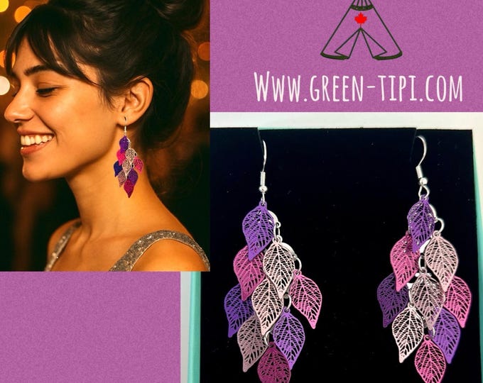 Large pink earrings * Purple stainless steel earrings * Nickel-free leaf earrings * Lilac leaf earrings * Leaf earrings * Hanging leaf earrings