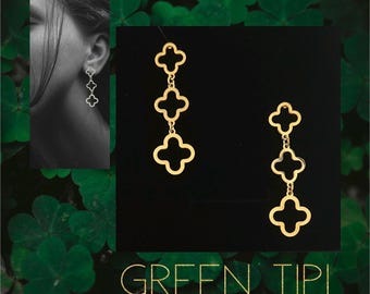 Clover leaf earrings hanging gold, golden clover earrings, light clover leaf earrings, leaf stud earrings long, dangling clover drop earrings