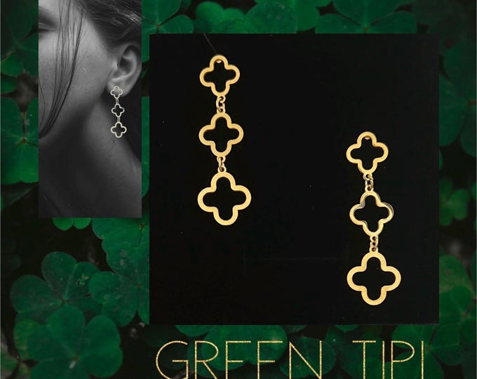 Clover leaf earrings hanging gold, golden clover earrings, light clover leaf earrings, leaf stud earrings long, dangling clover earrings