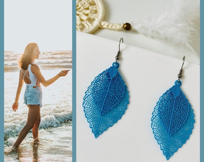 Earrings blue boho*Earrings leaf boho*Earrings turquoise blue*Leaf earrings colorful*Earrings leaf shape*Earrings blue silver*Blue earrings