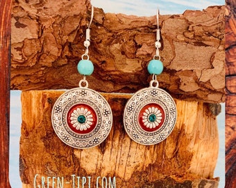 Boho earrings silver*Round earrings silver*Ethno earrings with turquoise*Enamel earrings*Mandala earrings silver*Hippie earrings silver hanging