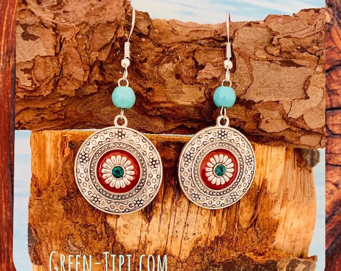 Boho earrings silver*Round earrings silver*Ethno earrings with turquoise*Enamel earrings*Mandala earrings silver*Hippie earrings silver hanging