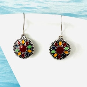 Small round earrings/Colorful boho earrings hanging/Silver red flower floral earrings/Hippie/Indian earrings/Boho hanging earrings/Gift